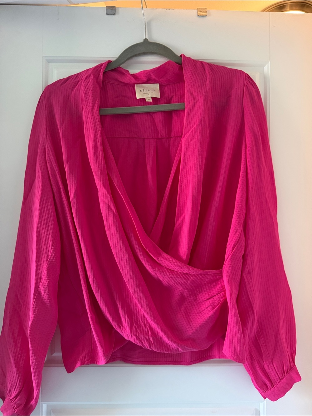 Sezane Magenta Draped V-Neck Long Sleeve Top